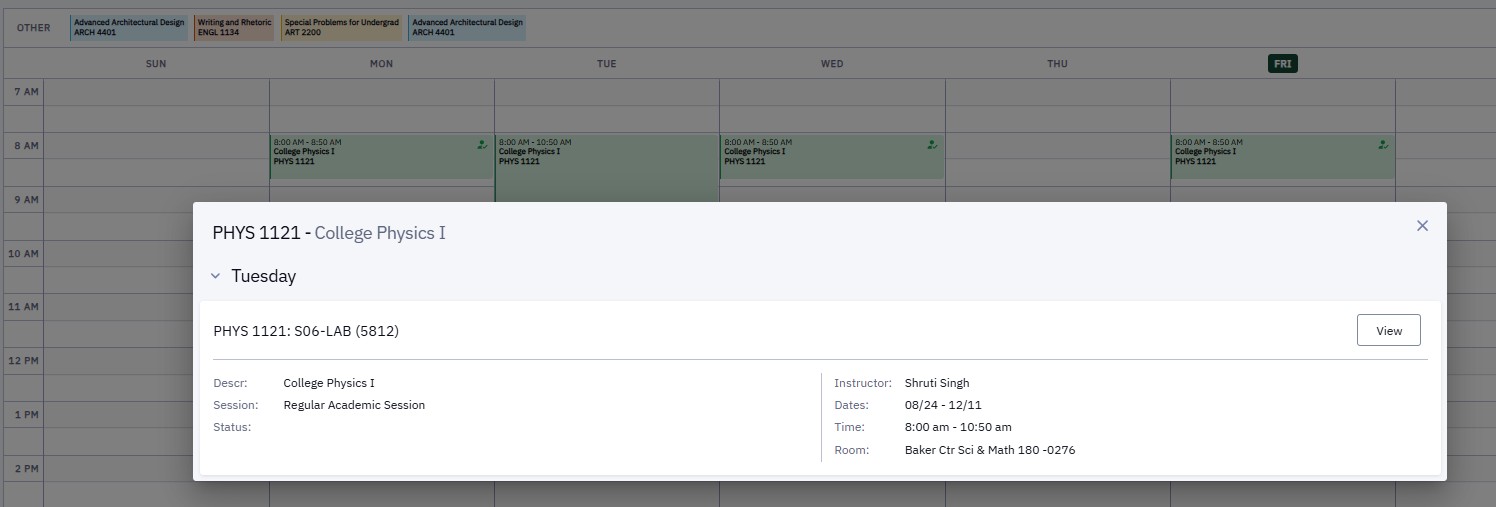 The "View" option allows students to access class notes.