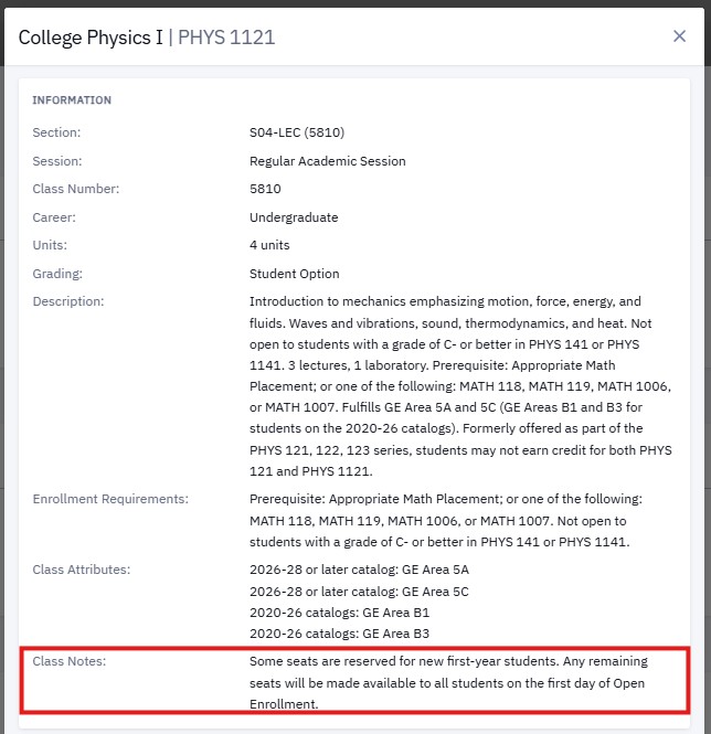 Class notes can be found at the bottom of the "View" window for the class.