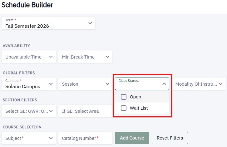 The Class Status filter can be used to search for only Open classes or all class offerings (including closed classes, full classes, and classes that have formed a wait list).