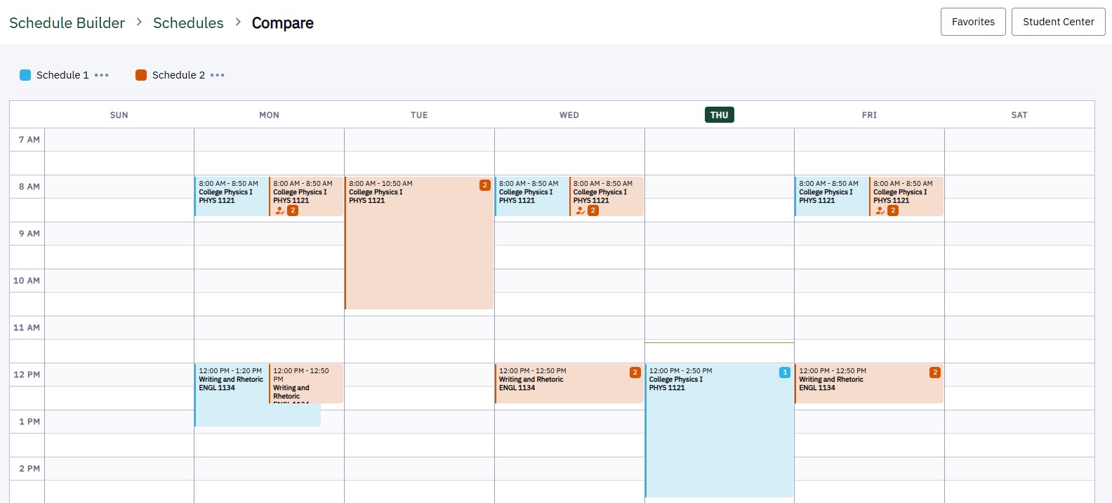 Compare two schedules. Schedules overlap so the user can see key differences.