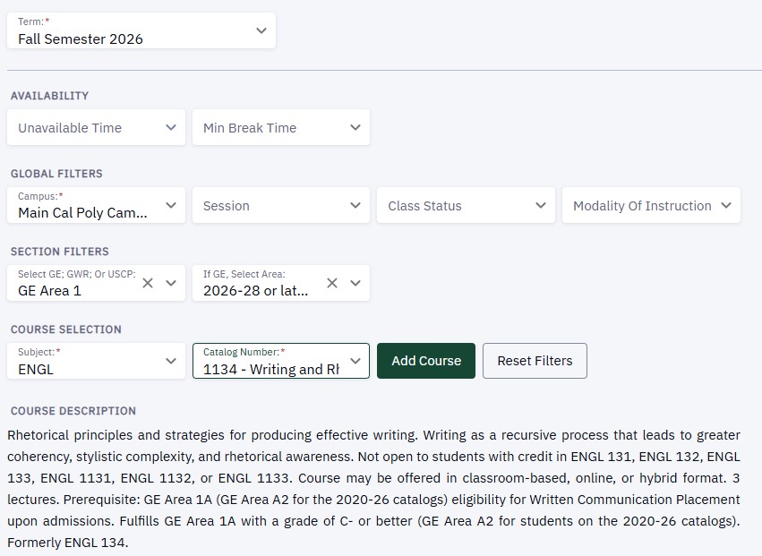 Subject and Catalog Number fields are required when searching for a specific course (note the red asterisk)