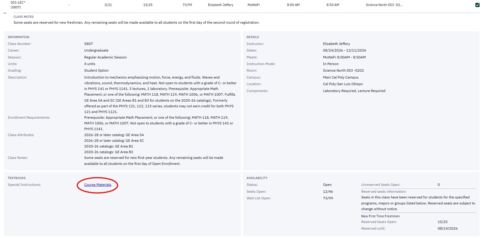 A link to Course Materials can be found under class section information.