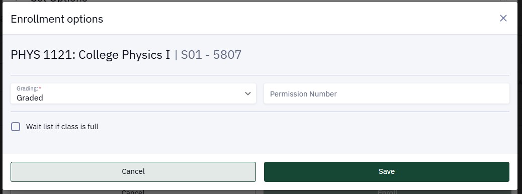 Enrollment options window with Grading, Permission Number, Wait list option.