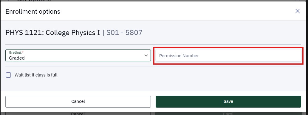 Permission Number box in Enrollment options window.