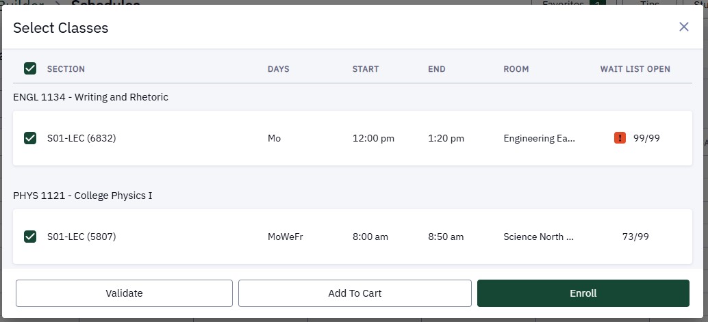 Select Classes window with Validate, Add to Cart, and Enroll options.