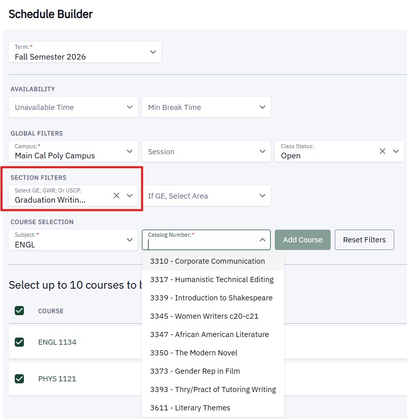 The Section Filters allow you to find GWR, USCP, or Fully Online sections.