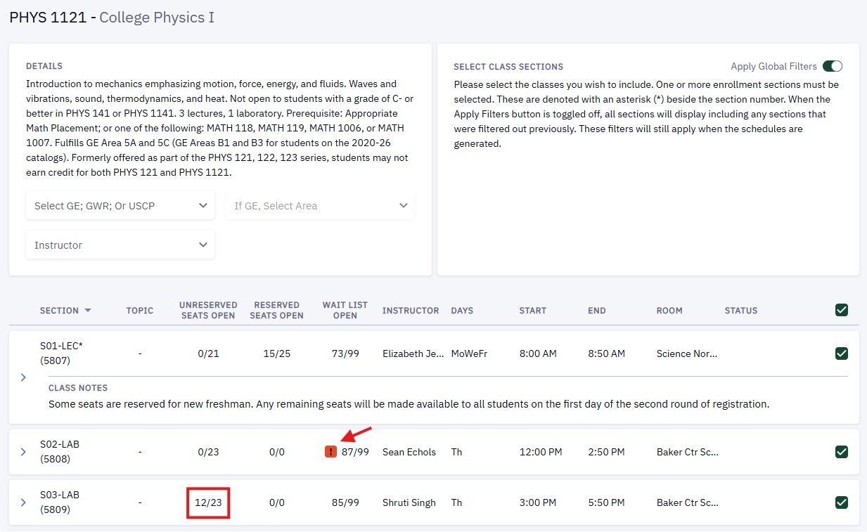 Unreserved seats, reserved seats, and wait list status can be viewed for each section of the class.