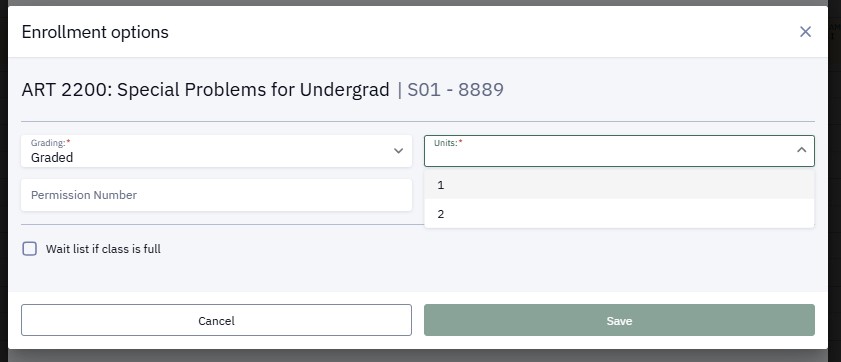 Variable unit option in the Enrollment options window.