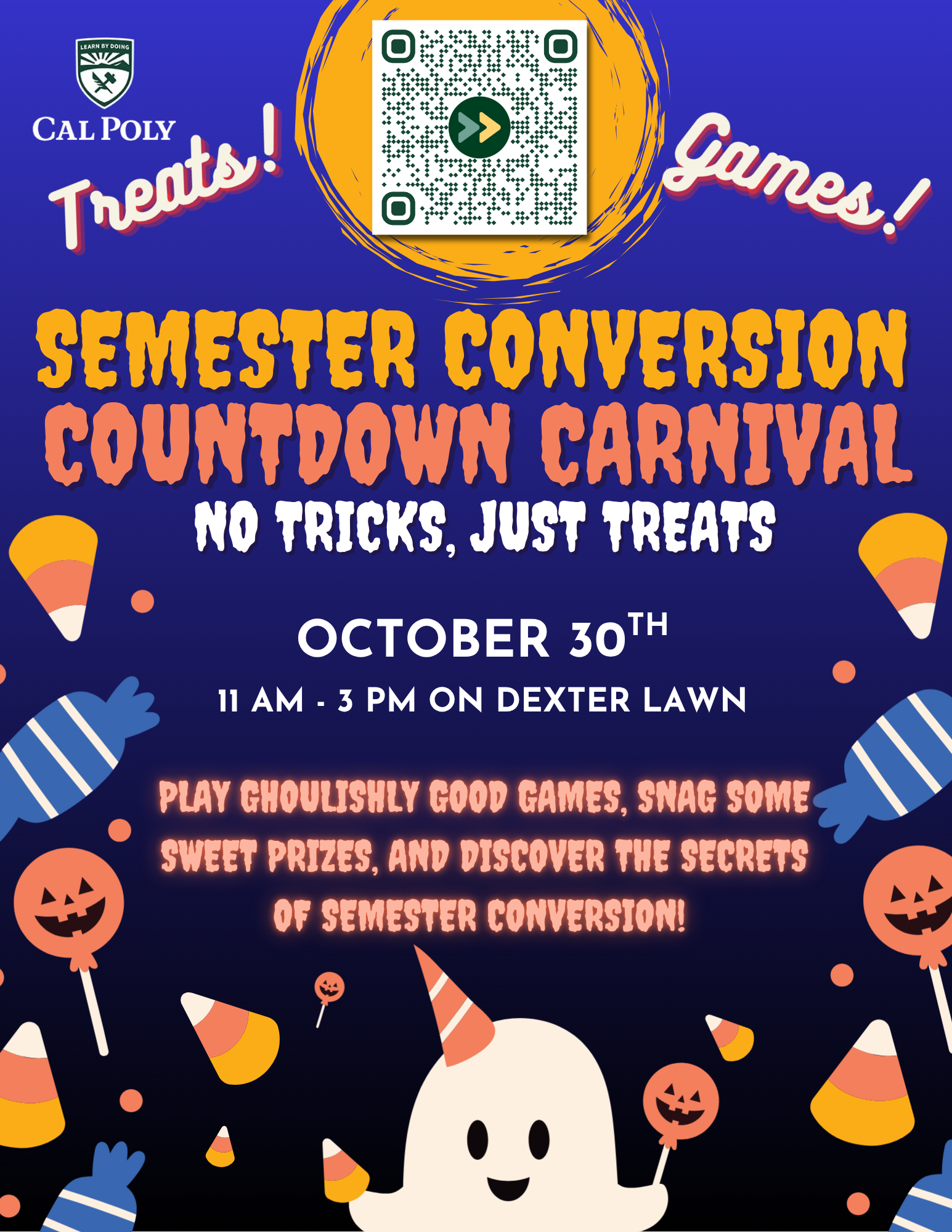 Semester Conversion Countdown Carnival. No Tricks Just Treats. October 30th 2025, 11am - 3pm on dexter lawn. Play ghoulishly good games, snag some sweet prizes and discover the secrets of semester conversion.