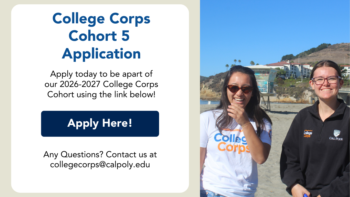  "Any Questions? Contact us at collegecorps@calpoly.edu", Button: "Interest Form", "Thank you so much for your interest in College Corps. Fill out this form to get access to the application early for the 2026-2027 academic year.". Right side of page: Image: two fellows taking a selfie with the Cal Poly, Cuesta College, and Allan Hancock College mascots. 