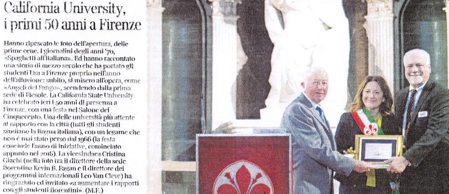 Vice-Mayor of Florence, Cristina Giachi; Director, CSU International Programs, Leo Van Cleve; and CSU Florence Director, Kevin Fagan, WLL Department, at the awards ceremony, Palazzo, Veccio.